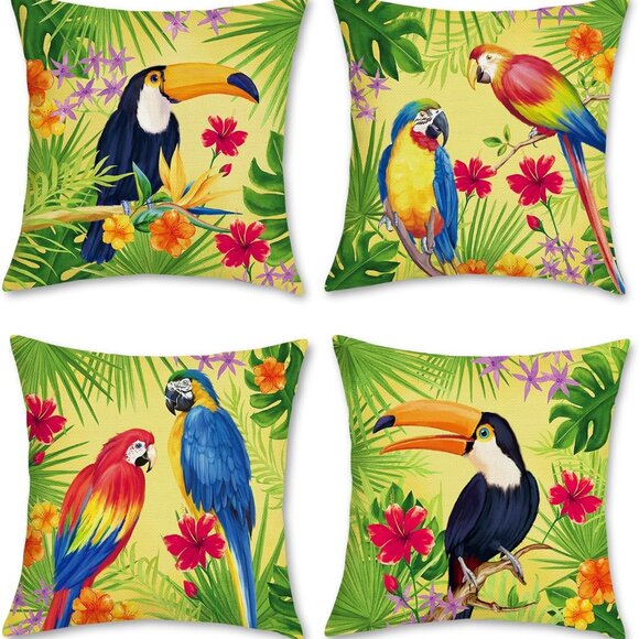 Other - Tropical Birds Parrot Toucan Throw Pillow Covers 18 x 18 Inch Set of 4 Flowers L